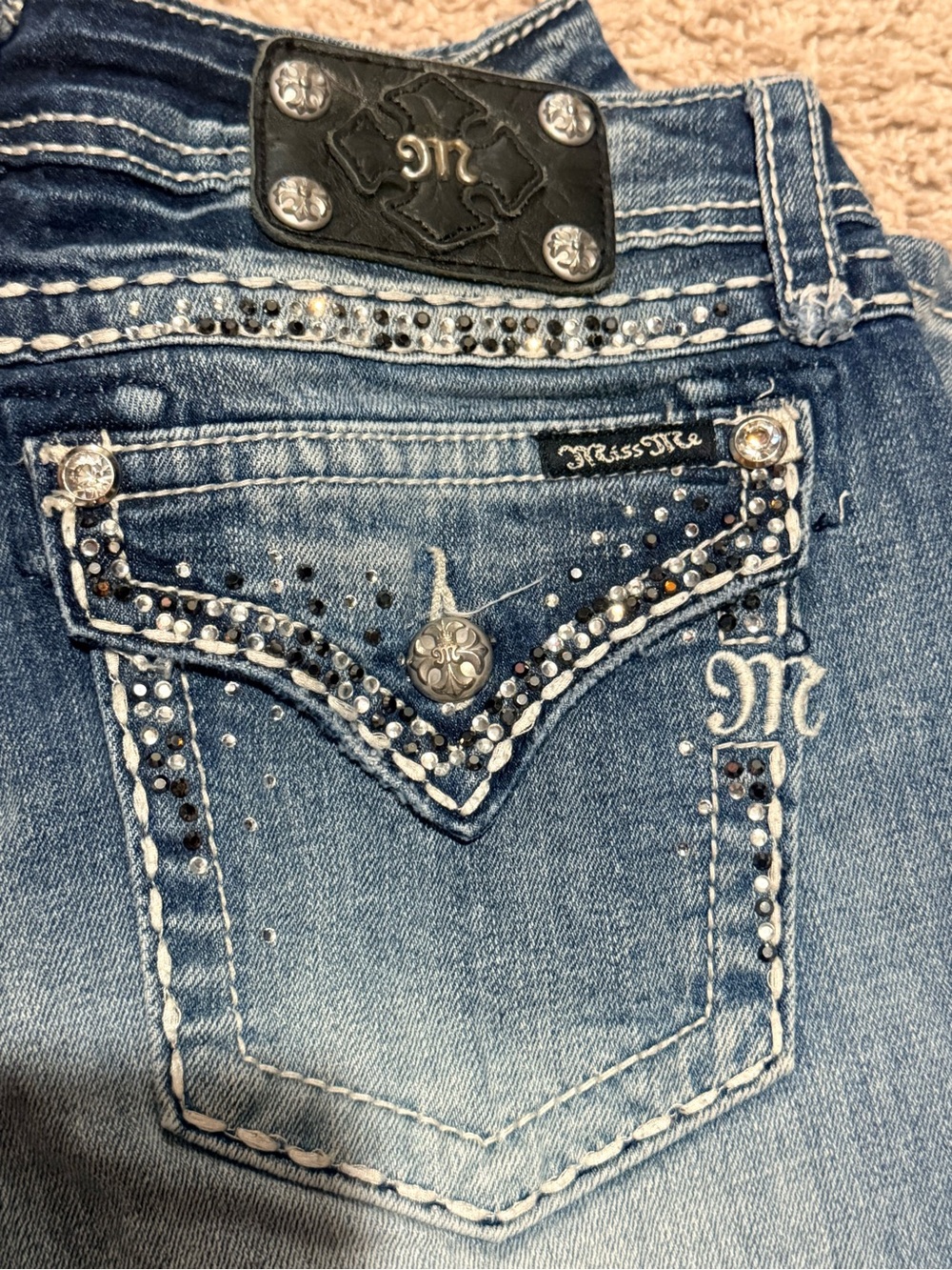 Miss Me Blue Embellished Flare Jeans with Crystal Accents